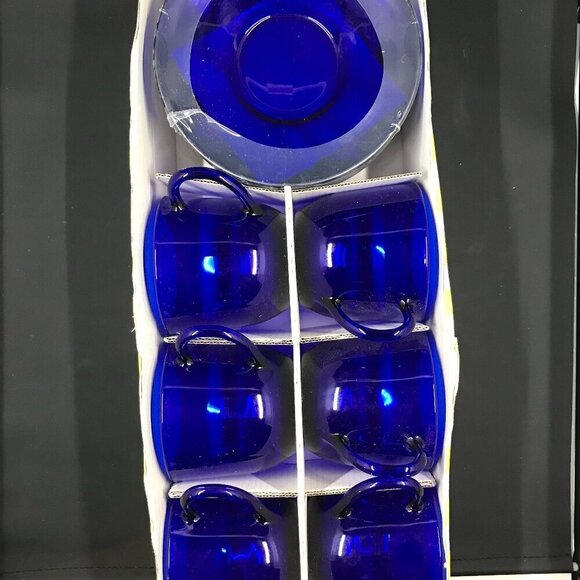 NEW Vintage VMC France set of 6 cups and saucers in box, cobalt blue glass - Picture 1 of 14